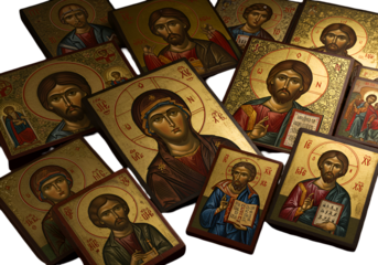 Golden Religious Icons Illustration Depicting Jesus Christ And Saints With Gold Background