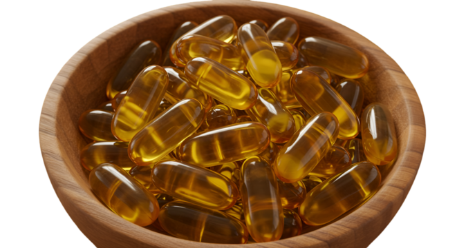Illustration Of Golden Yellow Oil Capsules In Wooden Spoon Transparent Background
