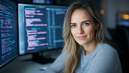 Tech Savvy: A determined female professional is immersed in her technology-driven world, exuding confidence and expertise while surrounded by monitors displaying complex coding information.