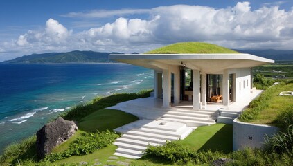 Fototapeta premium Modern seaside home with a grassy roof.