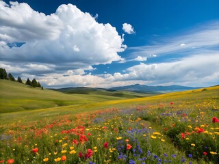 Fototapeta premium Vibrant Wildflower Field Under Bright Blue Sky with Soft White Clouds – Colorful Nature Landscape for Peaceful Desktop Wallpapers and Outdoor Seasonal Backgrounds with Open Space and Clarity 