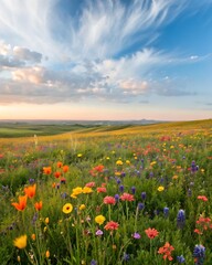 Vibrant Wildflower Field Under Bright Blue Sky with Soft White Clouds &ndash; Colorful Nature Landscape for Peaceful Desktop Wallpapers and Outdoor Seasonal Backgrounds with Open Space and Clarity
