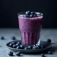 A glass of blueberry smoothie with blueberries on a gray plate