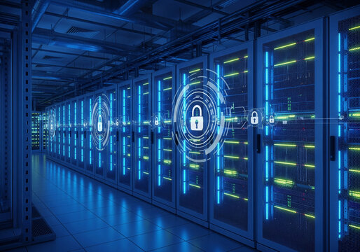 Cybersecurity concept with glowing padlocks in a blue server room corridor