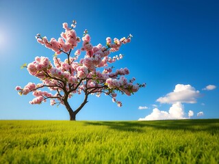 Cherry Blossom Tree in Full Bloom Over Soft Green Grass – Pink and Green Nature Harmony for Springtime Desktop Wallpapers, Calm Outdoor Backgrounds, and Beautiful Floral Season Scenes
