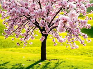 Cherry Blossom Tree in Full Bloom Over Soft Green Grass – Pink and Green Nature Harmony for Springtime Desktop Wallpapers, Calm Outdoor Backgrounds, and Beautiful Floral Season Scenes
