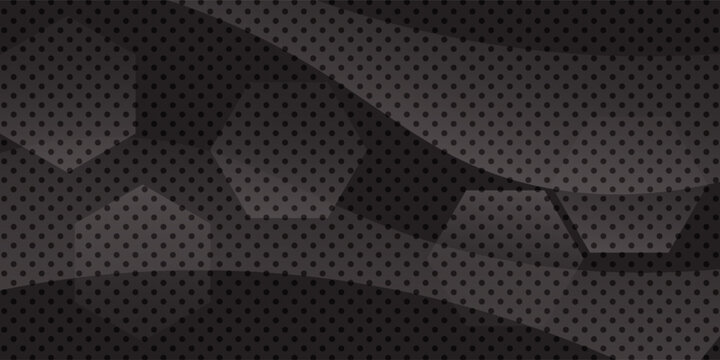 Stylish dark-themed abstract background with layered hexagonal shapes, flowing wave curves, and a dotted texture overlay. Perfect for use in technology, esports, luxury branding, or digital designs.