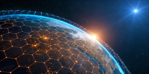 A digital earth with a glowing grid overlay and a bright sun in the dark space background view