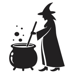 Silhouette of Witch Stirring Bubbling Cauldron