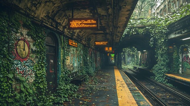 A cinematic shot of an abandoned subway tunnel with lush greenery and vines reclaiming the tracks, leading toward a distant, mysterious light