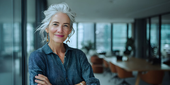 Mature woman with gray hair smiling confidently in office