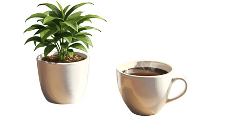 Obraz premium Isolated Background Photo Of Coffee Cup And Plant With White Pot