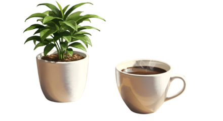 Isolated Background Photo Of Coffee Cup And Plant With White Pot