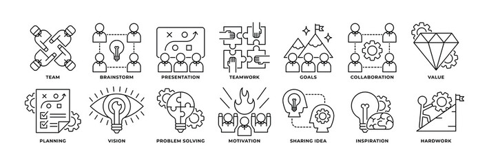 Icon Set of Teamwork, Brainstorm, Presentation, Goals, Collaboration, Value, Planning, Vision and more. Icon Outline Style