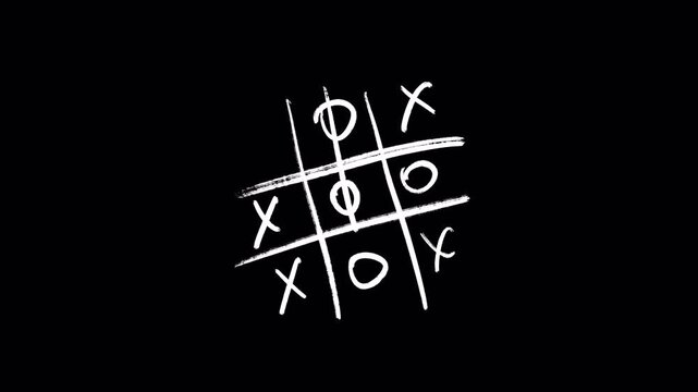Animated tic-tac-toe game drawn in rough white lines on alpha channel. Playful and abstract, perfect for motion graphics, intros, or overlay elements.