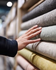Obraz premium Exploring texture and quality of fabrics in a textile store,National Sewing Month