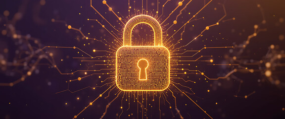 Abstract pop up cyber protection 3d digital lock which created by millions of tiny golden glowing particles connected by glowing lines, in a solid minimalist dark purple gradient texture background, w