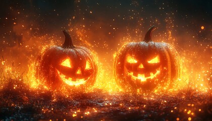 Two glowing jack o lanterns surrounded by fire and sparks at night halloween pumpkin