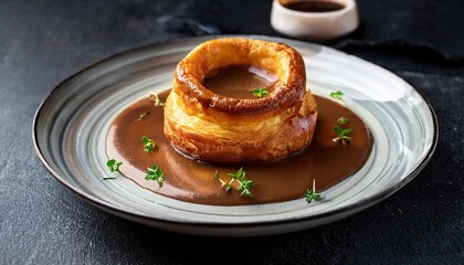 perfectly baked yorkshire pudding with crispy edges on a pale blue background ideal for a sunday roast