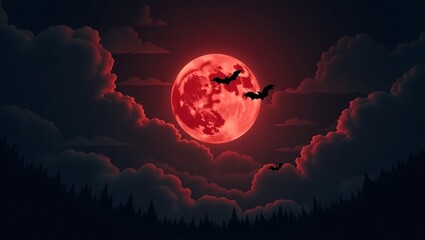 Spooky Blood Moon with Flying Bats and Dark Clouds &ndash; Halloween Night Sky 