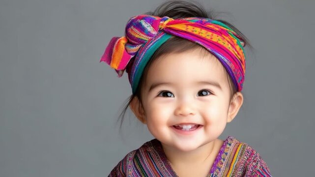 Joyful Baby in Traditional Attire: A radiant baby girl with a captivating smile wears a vibrantly patterned headband and garment, embodying the innocence and cultural richness of childhood.