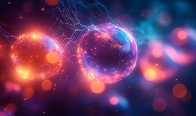Two glowing orbs connected by thin strands against a dark background abstract spheres