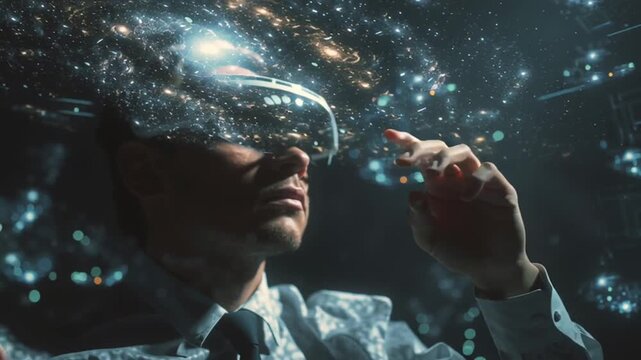 Man with AR glasses adjusting holographic timeline, multiverse visualized branching light streams, galaxies swirling, dark futuristic chamber, glowing touch interface, cinematic time travel aesthetic
