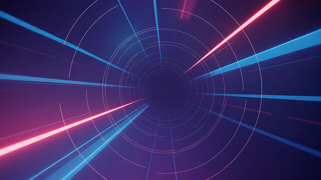 A vibrant, futuristic tunnel with concentric rings and converging light beams, symbolizing data flow or speed.