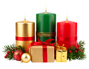 Group of Colorful Christmas Candles with Gift Wrap and Ornaments, isolated on transparent background PNG