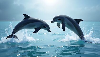 Obraz premium Two playful dolphins leaping from the ocean waves
