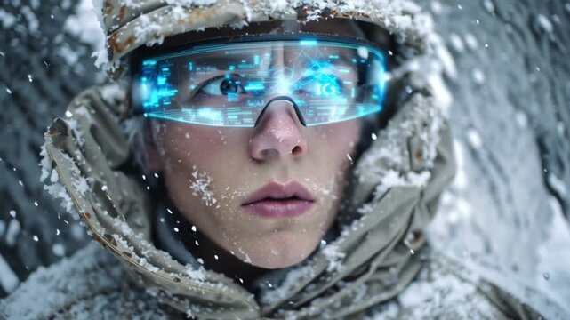 Explorer wearing augmented reality glasses tundra, analyzing tunnel systems glowing blue holograms, snowstorm particles time data streams, wind reactive UI elements, cinematic cold futuristic gear