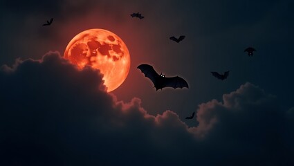 Spooky Blood Moon with Flying Bats and Dark Clouds – Halloween Night Sky 