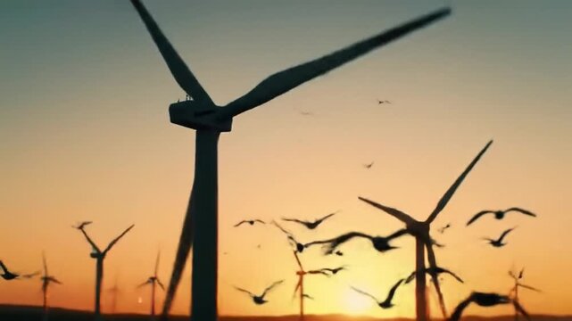 Wind turbines spin at sunset with birds flying past in a dynamic aerial view