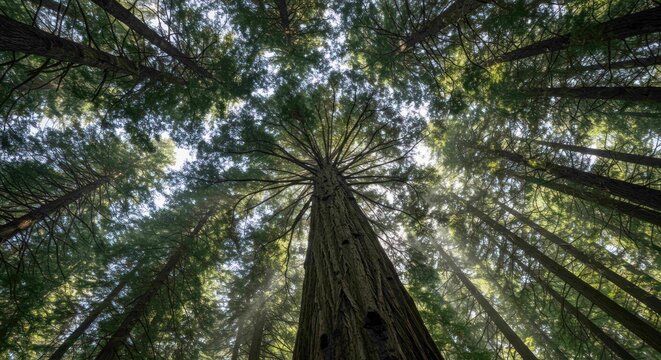 Forest canopy looking up at tall trees with light rays shining down