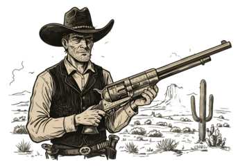 Illustration Of A Cowboy Holding Shotgun In Desert Silhouette Background