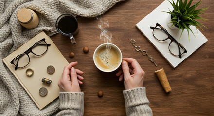 Overhead shot of hands holding a cup of coffee with eyeglasses, book, plant, and other objects on a wooden surface.