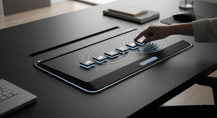 Hand using tactile task organizer on futuristic desk with haptic vibration.