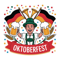 Oktoberfest Beer Man Illustration with German Flags and Traditional Outfit
