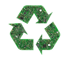 Electronic circuit board recycling symbol represents technology waste and environmental conservation transparent background