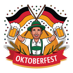 Oktoberfest Beer Man Illustration with German Flags and Traditional Outfit

