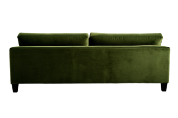 a green couch with a wooden legs and a pillow