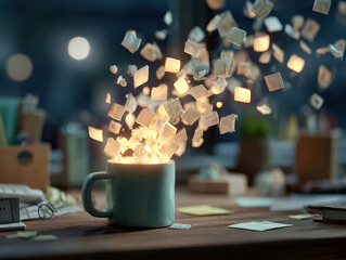 Office scene with cluttered desk and 3D coffee mug overflowing symbols, symbolizing work overload Realistic digital rendering - AI-Generated