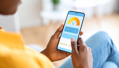 A person interacts with a satisfaction meter on a smartphone screen, illustrating digital customer satisfaction feedback and online review concepts.