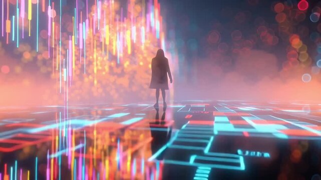 Surreal lone figure analyzing glowing 3D stock market charts air mirrored floor. Abstract colorful bokeh lights swirl neural network mystic fog, ambient glow, futuristic financial aesthetic, dreamcore