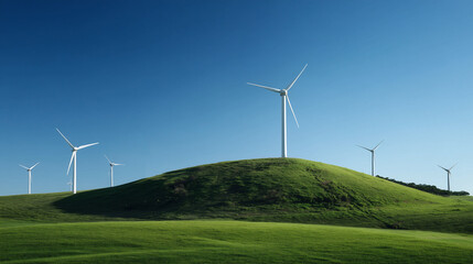 Fototapeta premium Wind turbines on a green hill with a bright blue sky. Clean energy and sustainability concept.