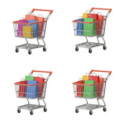 Shopping Carts Illustration With Colorful Bags Isolated on Transparent Background