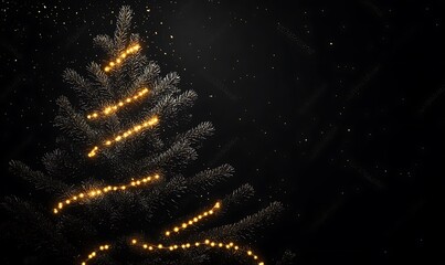 A minimal outline of a Christmas tree with subtle golden lights on a black background. Beautiful Christmas or New Year celebration minimalistic poster or banner.

