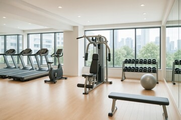 Fototapeta premium Modern Gym Interior: A bright, inviting gym space features various exercise machines, offering a vibrant setting for fitness and well-being. The composition highlights the tools, machines.