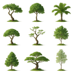Diverse stylized trees with extreme forms and lush foliage isolated on transparent background. Generative AI