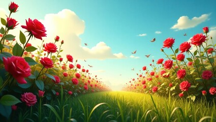 A vibrant field of red roses under a clear sky.